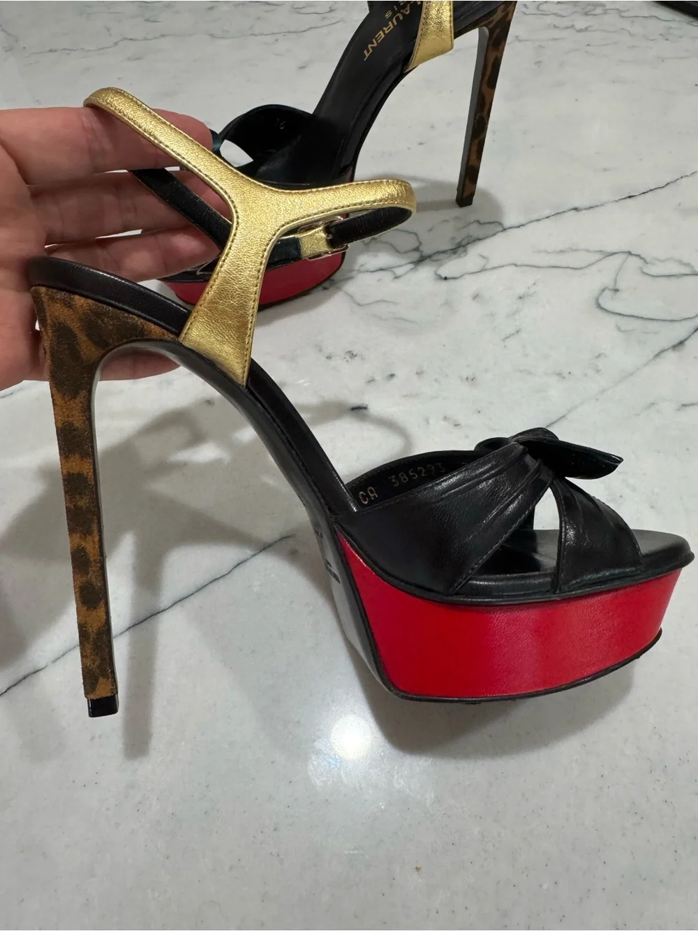 Saint Laurent Bowfront Platform Leopard Embossed Stiletto Heel Sandals - Picture 7 of 11